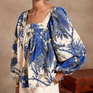 Banana Republic Blouse Flounce Top Peasant Square Neck Blue Tropical Floral | L